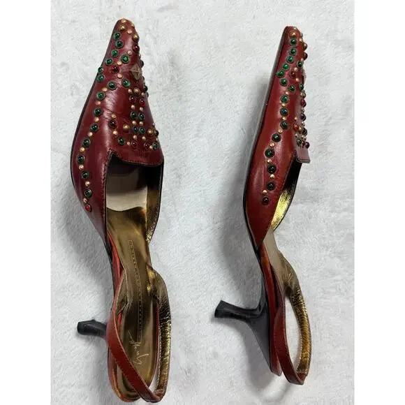 Vtg Giuseppe Zanotti Vicini Jeweled Red Leather Slingback Heels Italy 7B Medium - Picture 14 of 16